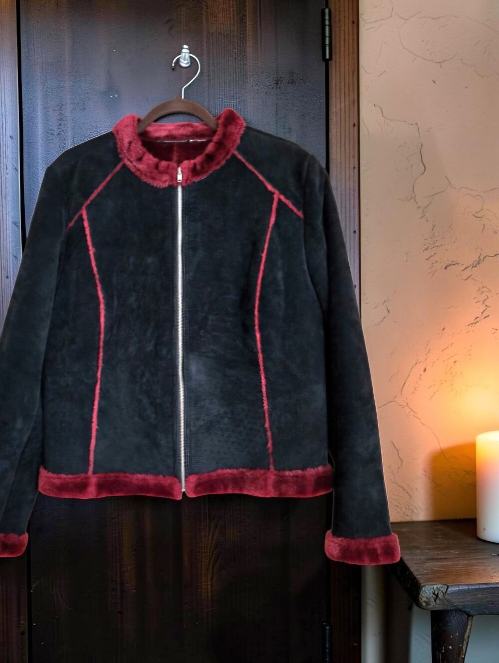 Vintage 90s Wilsons Black Suede Leather Maxima Jacket Burgundy Sherpa Lined Sz L